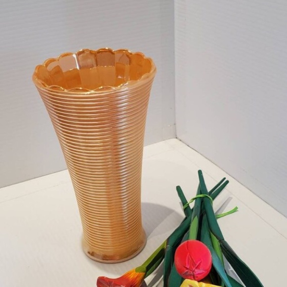 1950s Vintage Fire King Peach Luster Tall Vase 7.4" H Ribbed Scalloped